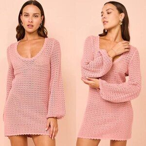 NEW Peony Pointelle Long Sleeve U Neckline Cotton Mini Dress Rose Size: Small